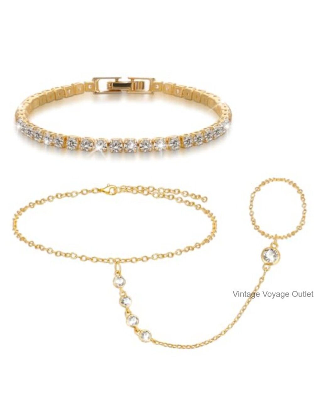 14k Gold Plated Cubic Zirconia Hand Chain Bracelet Set Adjustable